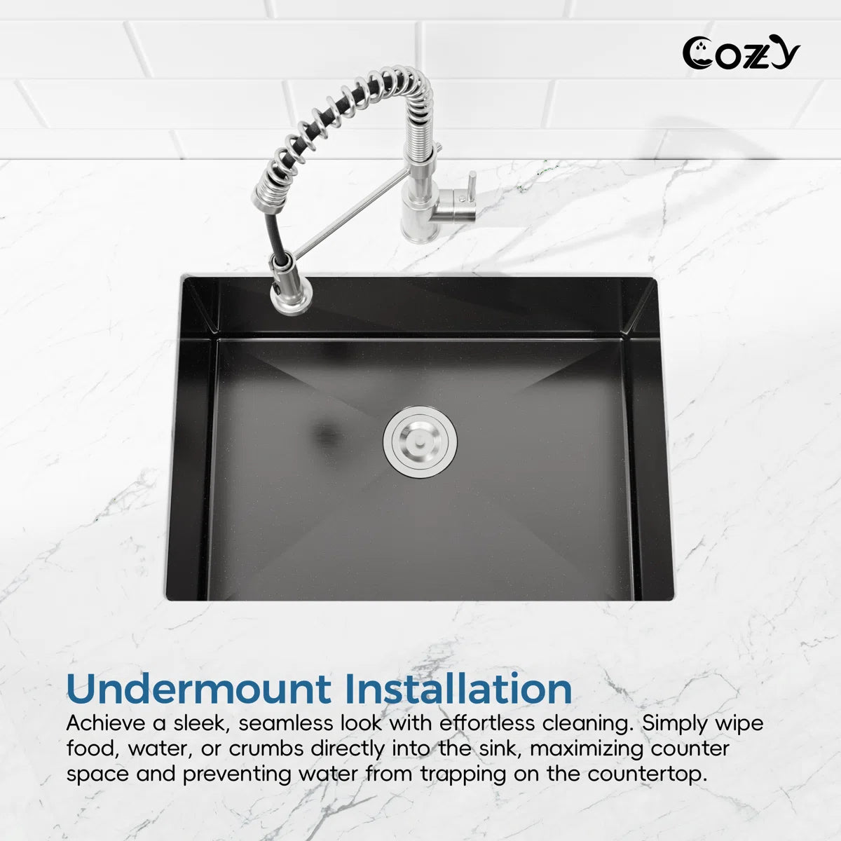 Cozy 27-inch matte black undermount single bowl handmade kitchen sink demonstrating seamless under-counter installation