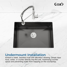 Cozy 27-inch matte black undermount single bowl handmade kitchen sink demonstrating seamless under-counter installation