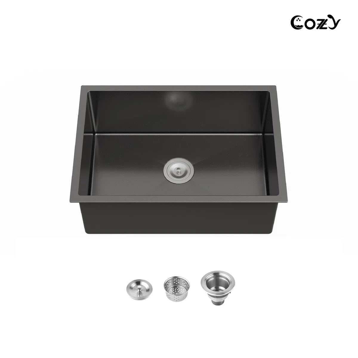 Cozy 27-inch matte black undermount single bowl handmade stainless steel kitchen sink with basket strainer and drain assembly