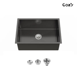 Cozy 27-inch matte black undermount single bowl handmade stainless steel kitchen sink with basket strainer and drain assembly