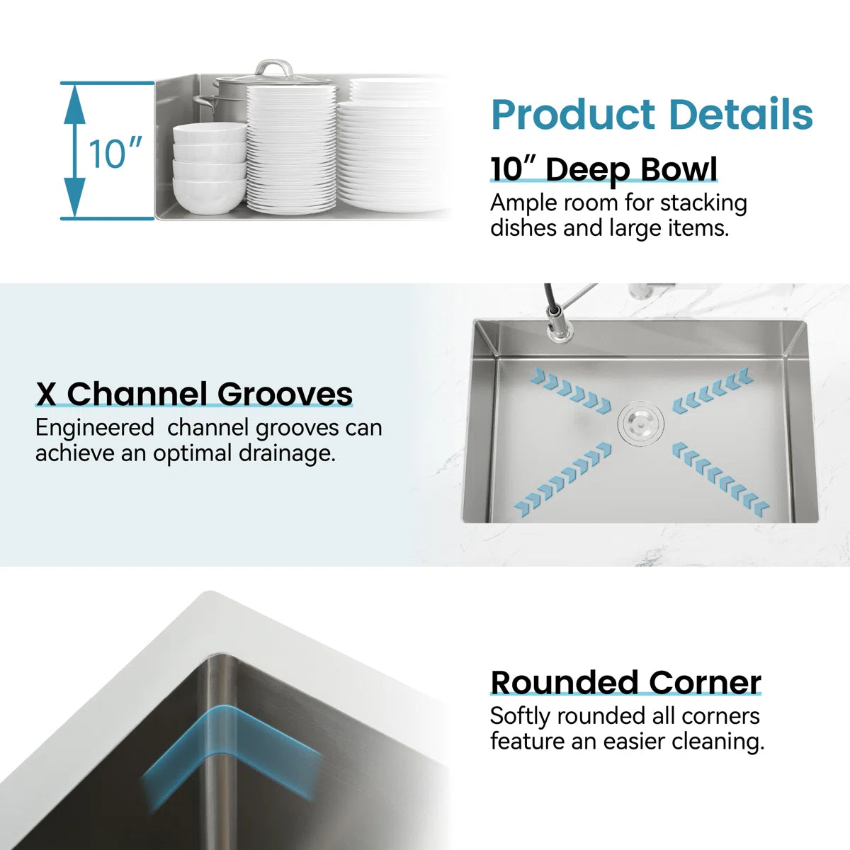Cozy 27-inch brushed nickel undermount single bowl handmade kitchen sink product details showing 10-inch deep bowl, X channel grooves, and rounded corners