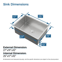 Exterior and interior dimensions of Cozy 27-inch brushed nickel undermount single bowl handmade kitchen sink