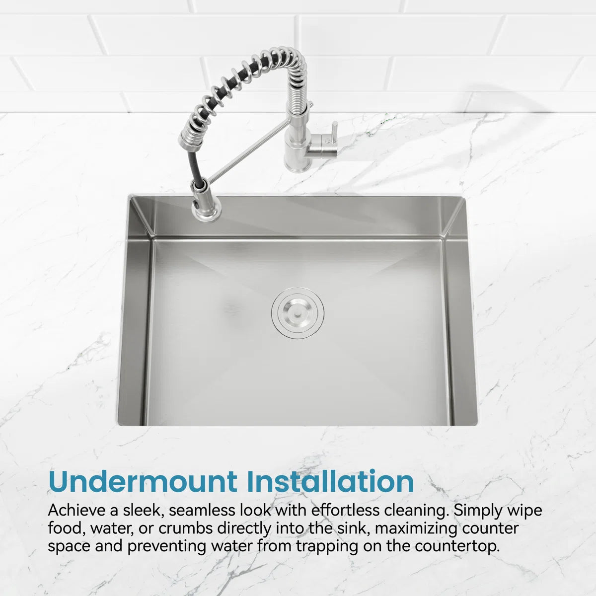 Cozy 27-inch brushed nickel undermount single bowl handmade kitchen sink demonstrating seamless under-counter installation