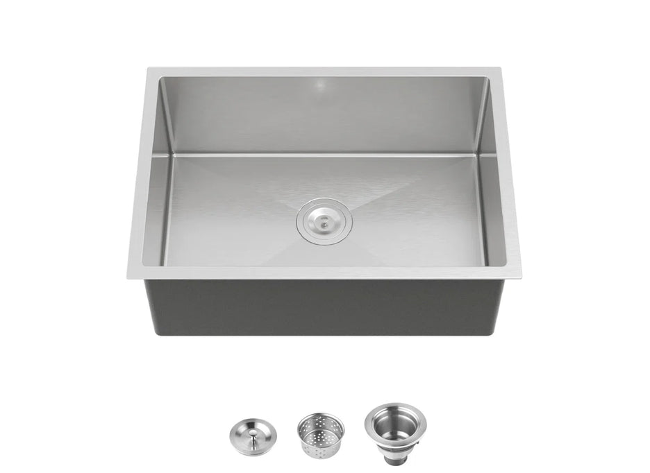 Cozy 27-inch brushed nickel undermount single bowl handmade stainless steel kitchen sink with basket strainer and drain assembly