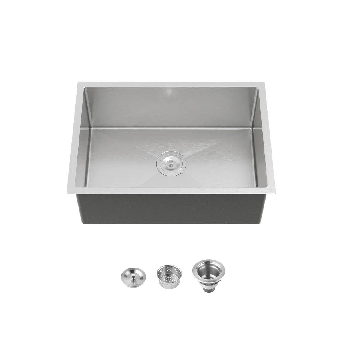 Cozy 27-inch brushed nickel undermount single bowl handmade stainless steel kitchen sink with basket strainer and drain assembly