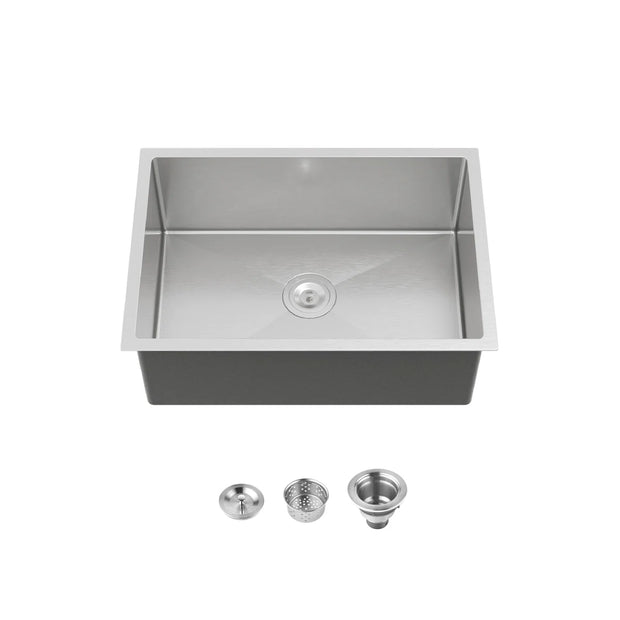 Cozy 27-inch brushed nickel undermount single bowl handmade stainless steel kitchen sink with basket strainer and drain assembly