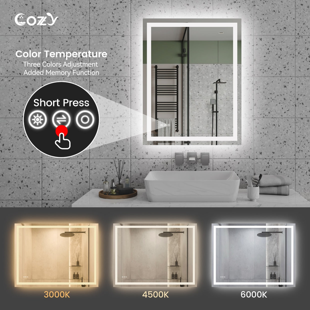 Cozy 28x36 inch LED bathroom mirror with 3000K 4500K and 6000K color temperature options
