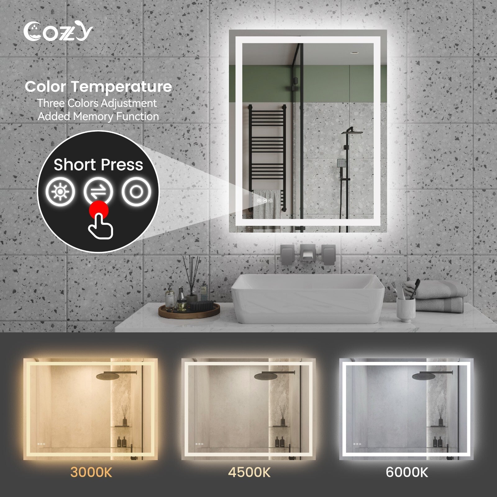 Cozy 28x36 inch LED bathroom mirror with 3000K 4500K and 6000K color temperature options