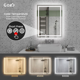 Cozy 28x36 inch LED bathroom mirror with 3000K 4500K and 6000K color temperature options