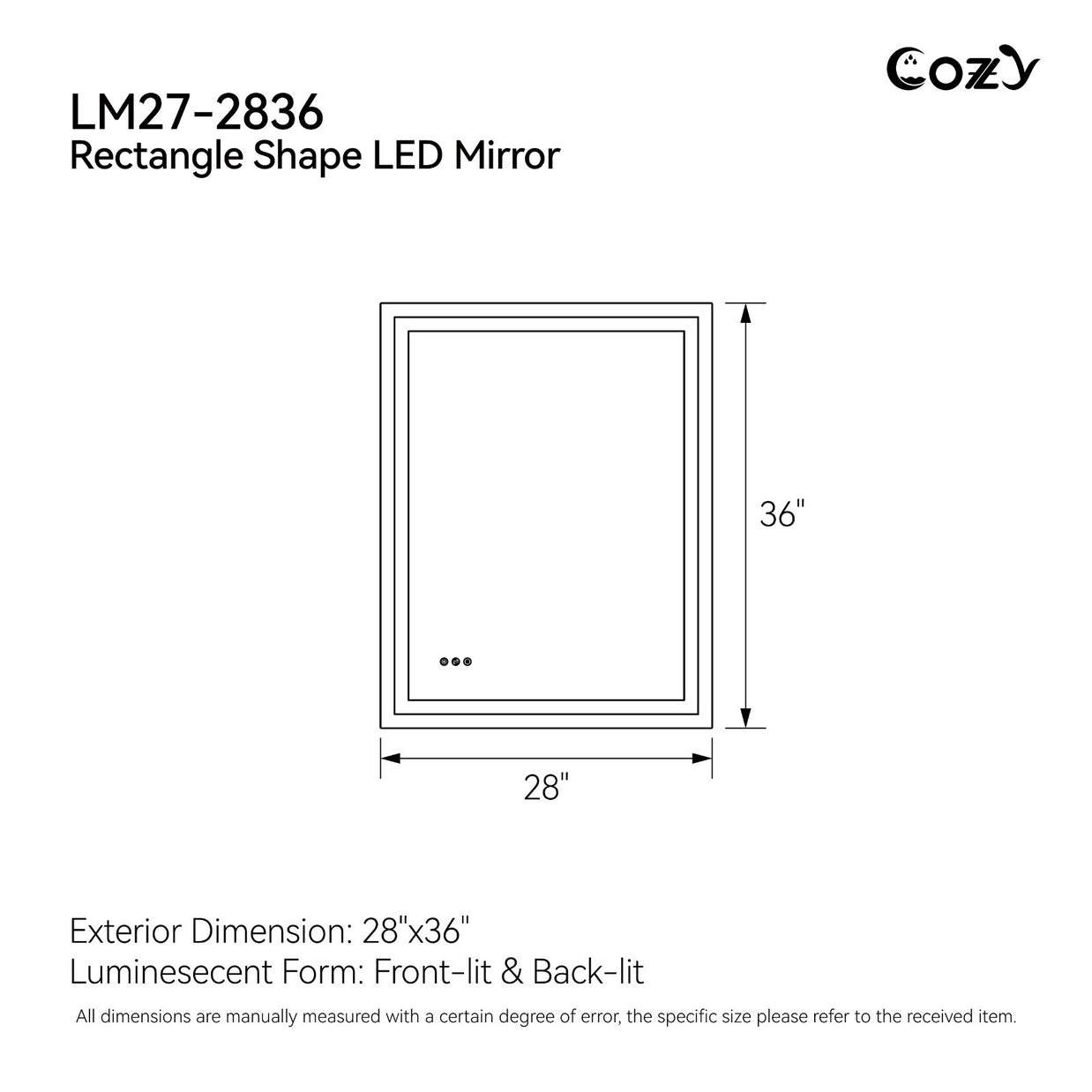 Cozy 28x36 inch front-lit and backlit LED bathroom mirror dimensions chart.
