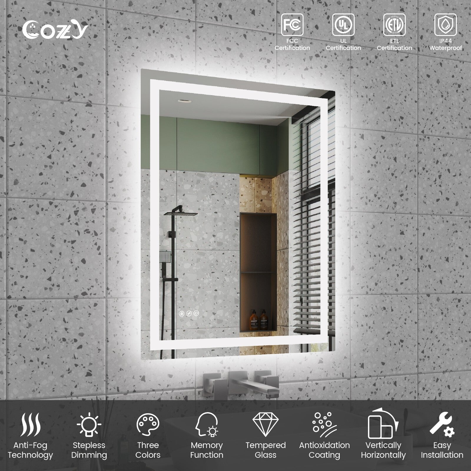 Cozy 28x36 inch LED bathroom mirror features and UL ETL certifications chart.