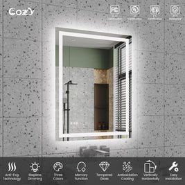 Cozy 28x36 inch LED bathroom mirror features and UL ETL certifications chart.