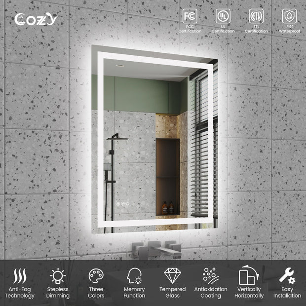 Cozy 28x36 inch LED bathroom mirror features and UL ETL certifications chart.