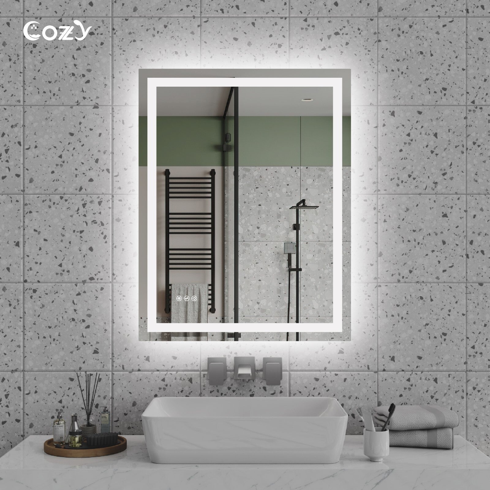 Cozy 28x36 inch backlit and front-lit LED bathroom vanity mirror in a modern setting.