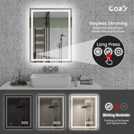 Cozy 28x36 inch LED bathroom mirror stepless dimming and brightness memory function.