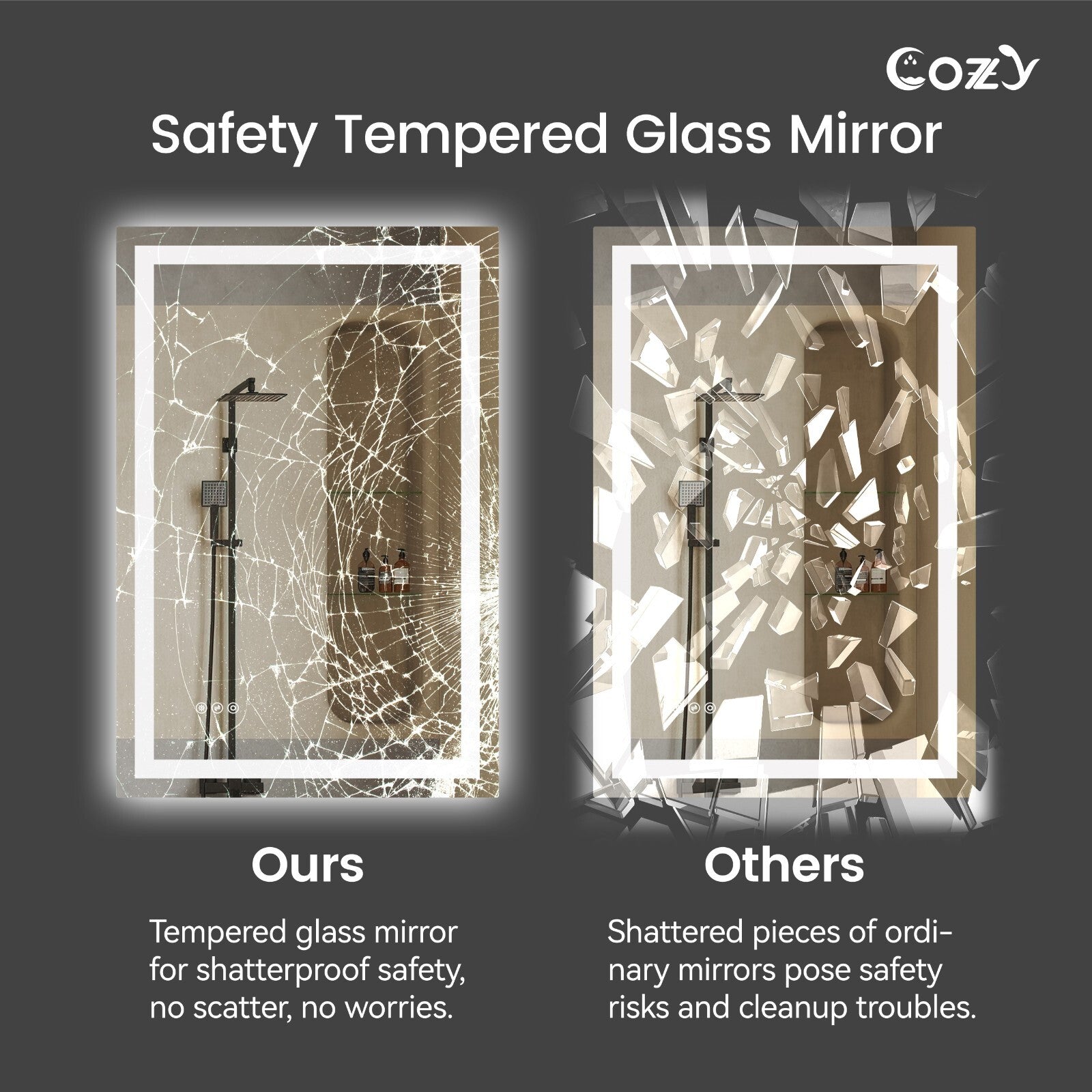 Cozy 28x36 inch shatterproof tempered glass LED bathroom mirror safety comparison.