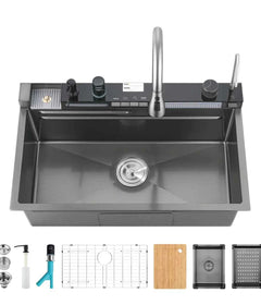 COZY 30-inch drop-in satin black workstation kitchen sink with smart digital faucet and accessories.
