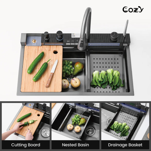 COZY 30-inch drop-in satin black workstation kitchen sink with cutting board, nested basin, and drainage basket.