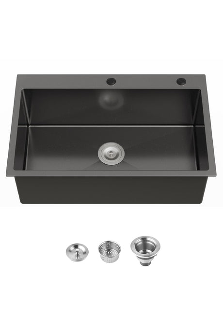 Cozy 30-inch matte black overmount single bowl kitchen sink with drain assembly