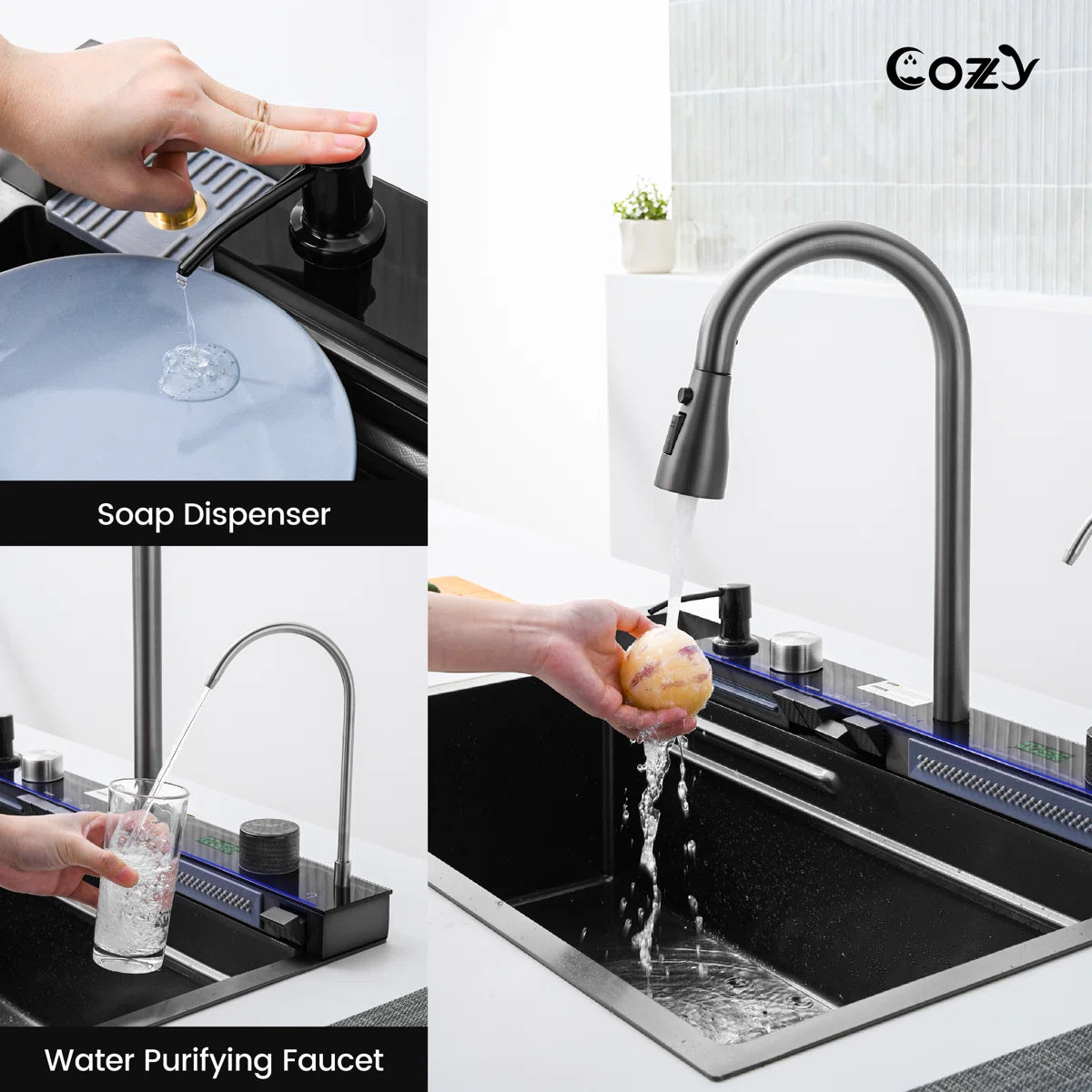 Cozy 30-inch matte black drop-in workstation kitchen sink showing built-in soap dispenser and water purifying faucet