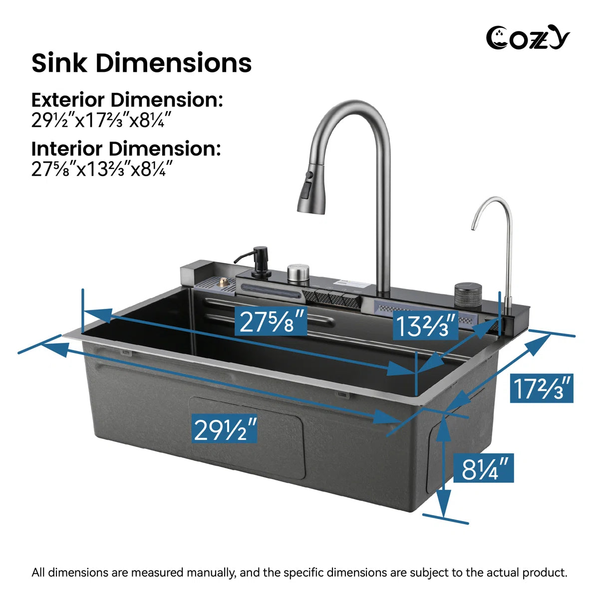 Exterior and interior dimensions of Cozy 30-inch matte black drop-in workstation kitchen sink