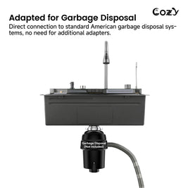 Cozy 30-inch matte black drop-in workstation kitchen sink diagram demonstrating direct connection to standard garbage disposal