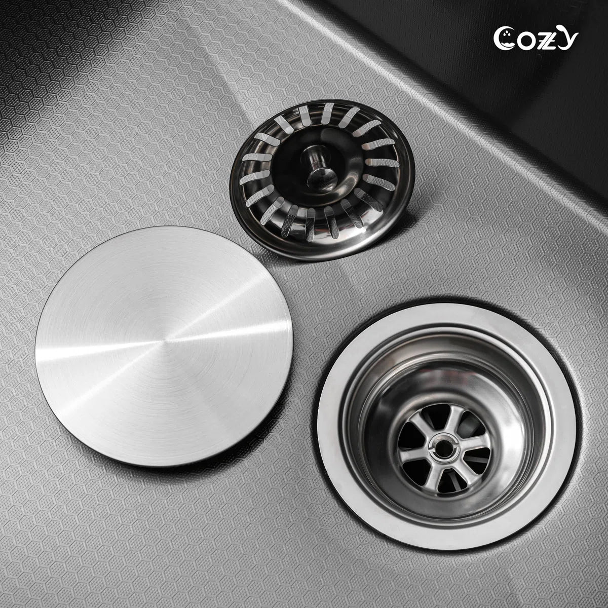 Stainless steel basket strainer and drain assembly for Cozy 30-inch matte black workstation kitchen sink