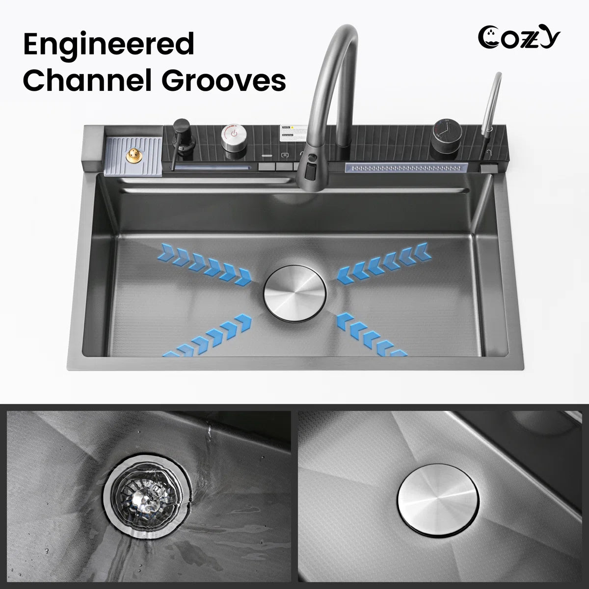 Cozy 30-inch matte black drop-in workstation kitchen sink showing engineered channel grooves and drainage control knob