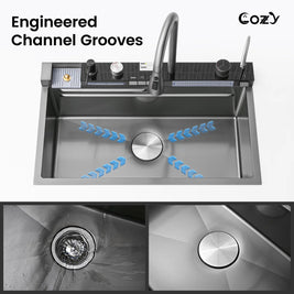 Cozy 30-inch matte black drop-in workstation kitchen sink showing engineered channel grooves and drainage control knob