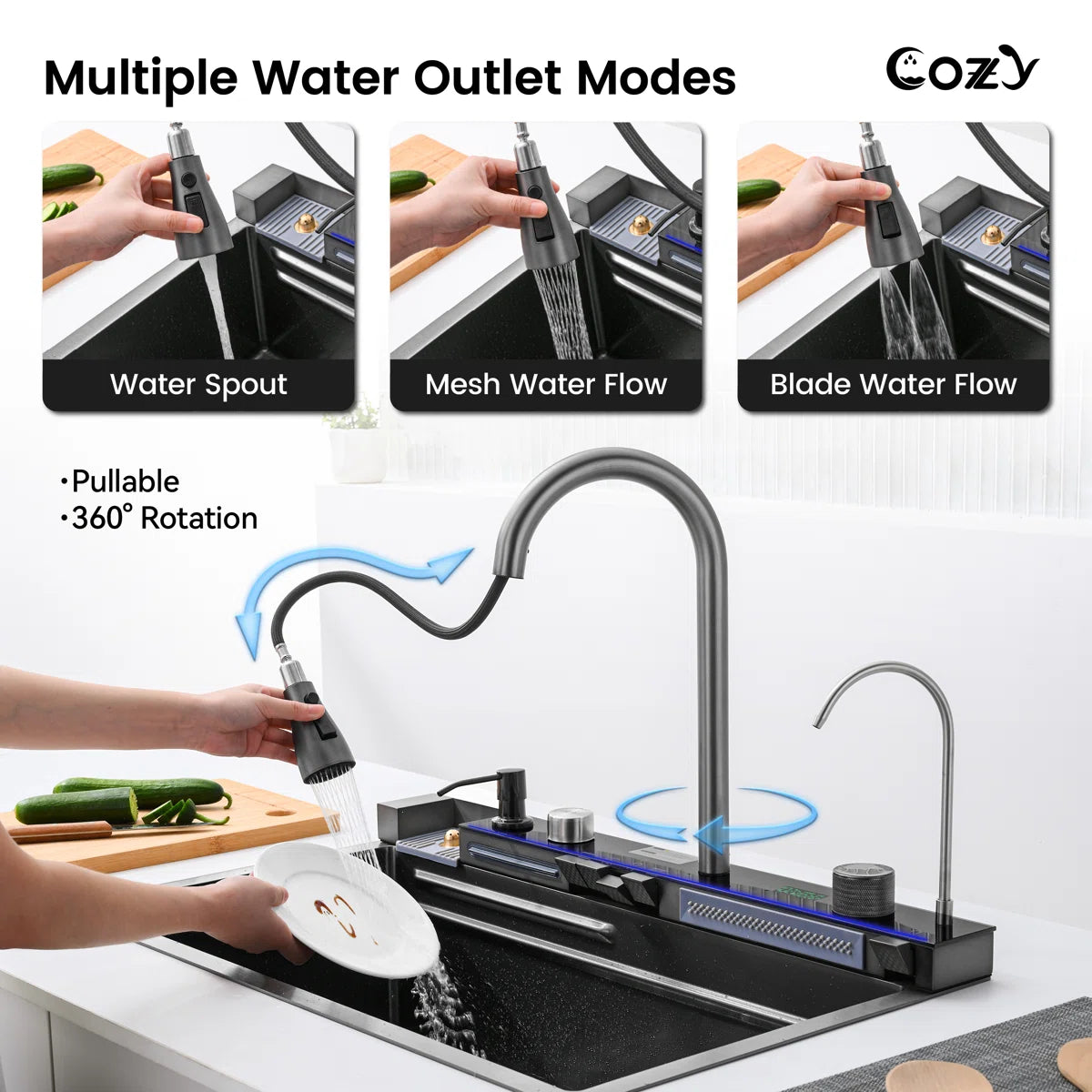 Cozy 30-inch matte black drop-in workstation kitchen sink showing pull-out faucet with three water outlet modes