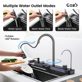 Cozy 30-inch matte black drop-in workstation kitchen sink showing pull-out faucet with three water outlet modes