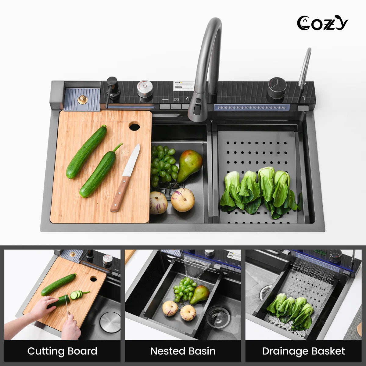 Cozy 30-inch matte black workstation kitchen sink featuring sliding cutting board, nested basin, and drainage basket