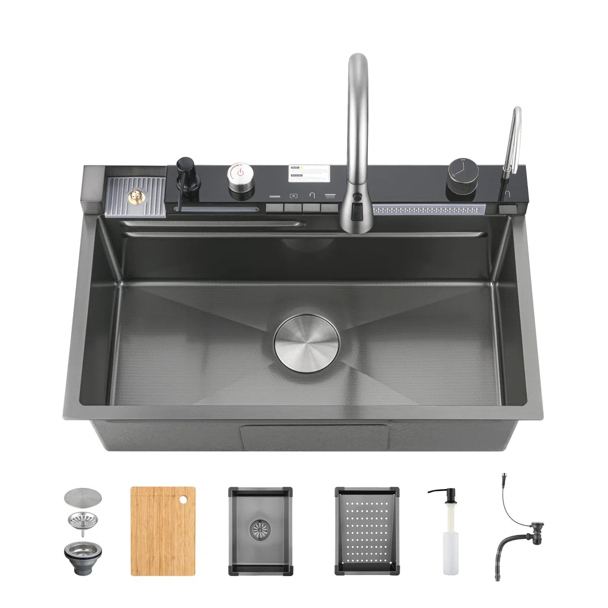 Cozy 30-inch matte black drop-in workstation kitchen sink with digital faucet and full accessories