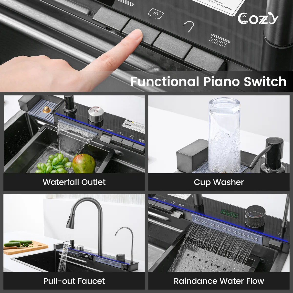 ozy 30-inch matte black drop-in workstation kitchen sink showcasing piano switch and four water outlet modes