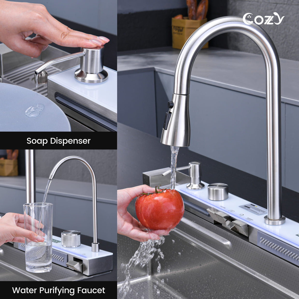 Cozy 30-inch brushed nickel drop-in workstation kitchen sink showing built-in soap dispenser and water purifying faucet