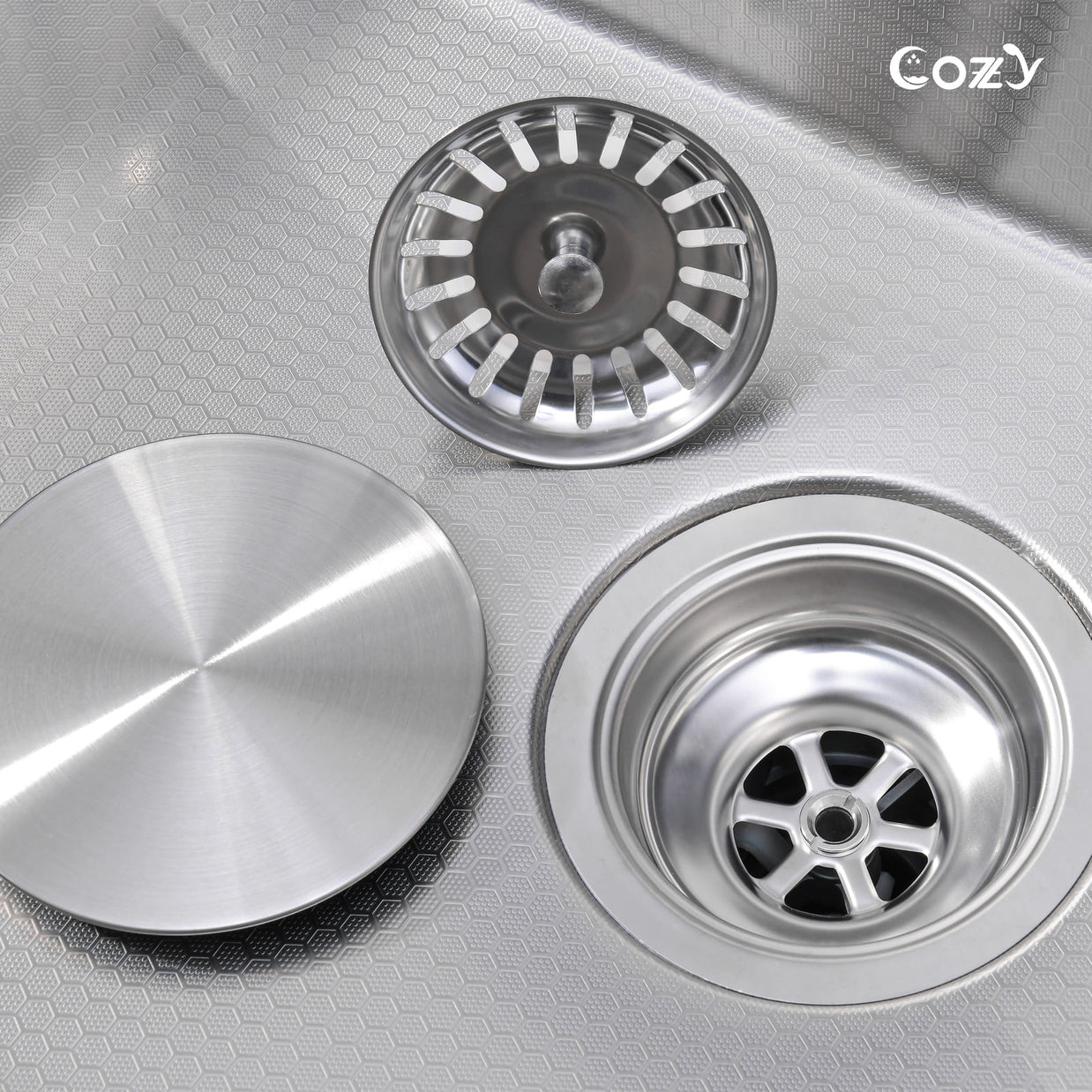 Stainless steel basket strainer and drain assembly for Cozy 30-inch brushed nickel workstation kitchen sink