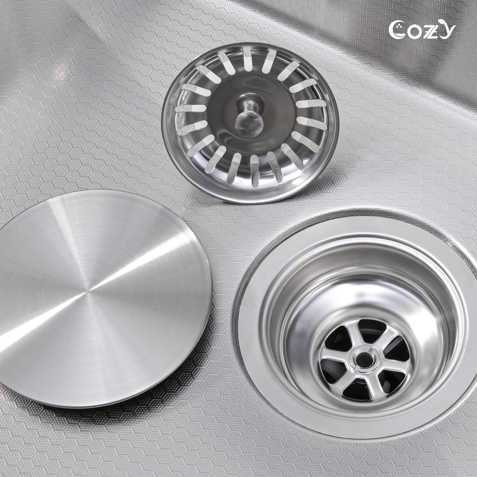 Stainless steel basket strainer and drain assembly for Cozy 30-inch brushed nickel workstation kitchen sink