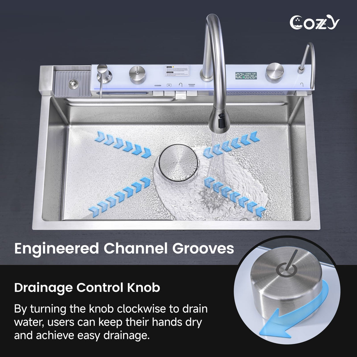 Cozy 30-inch brushed nickel drop-in workstation kitchen sink showing engineered channel grooves and drainage control knob