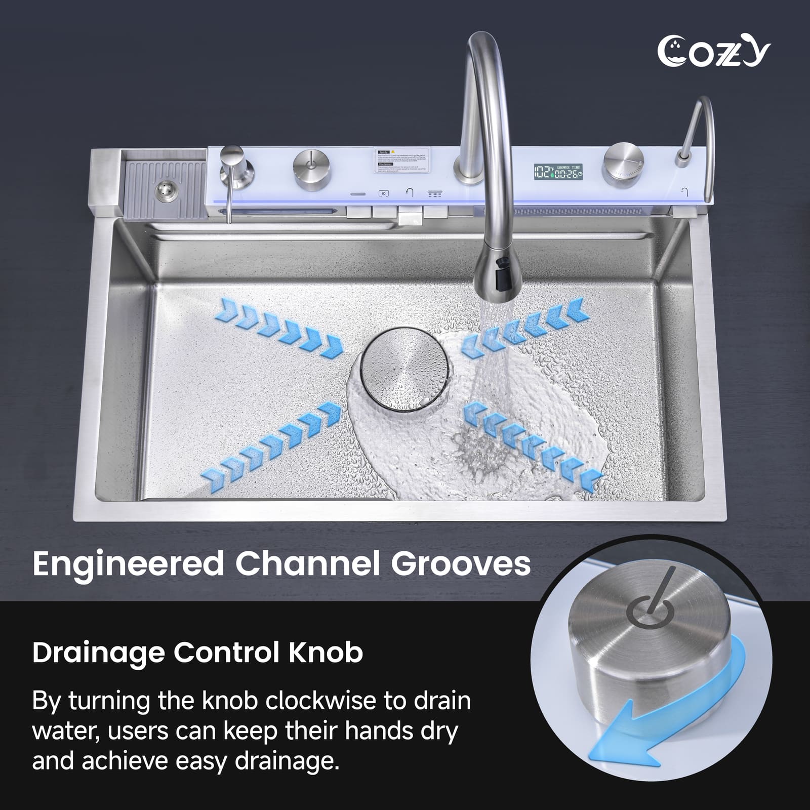 Cozy 30-inch brushed nickel drop-in workstation kitchen sink showing engineered channel grooves and drainage control knob