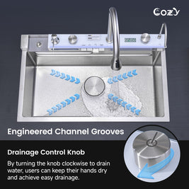 Cozy 30-inch brushed nickel drop-in workstation kitchen sink showing engineered channel grooves and drainage control knob