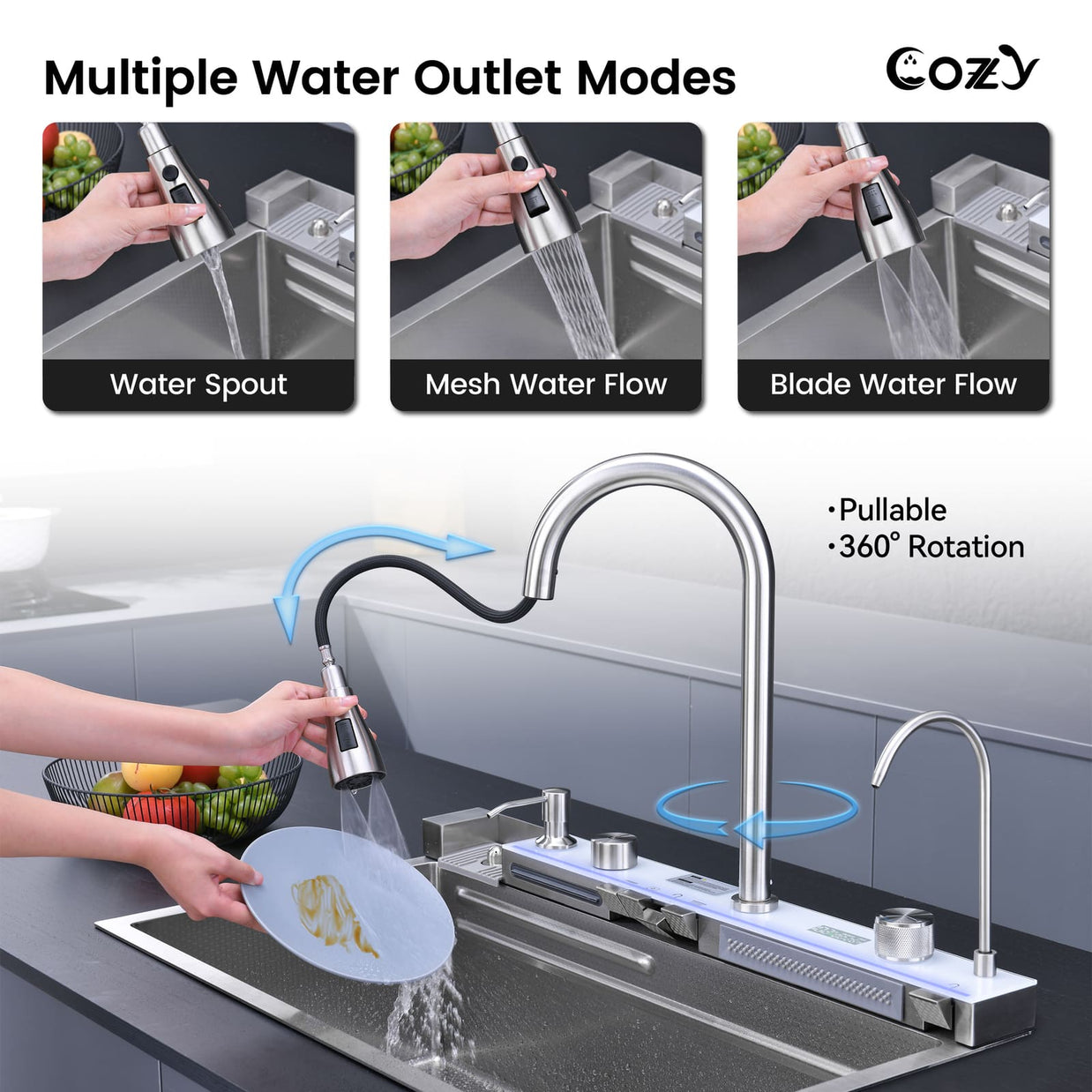 Cozy 30-inch brushed nickel drop-in workstation kitchen sink showing pull-out faucet with three water outlet modes