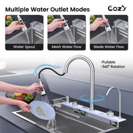 Cozy 30-inch brushed nickel drop-in workstation kitchen sink showing pull-out faucet with three water outlet modes