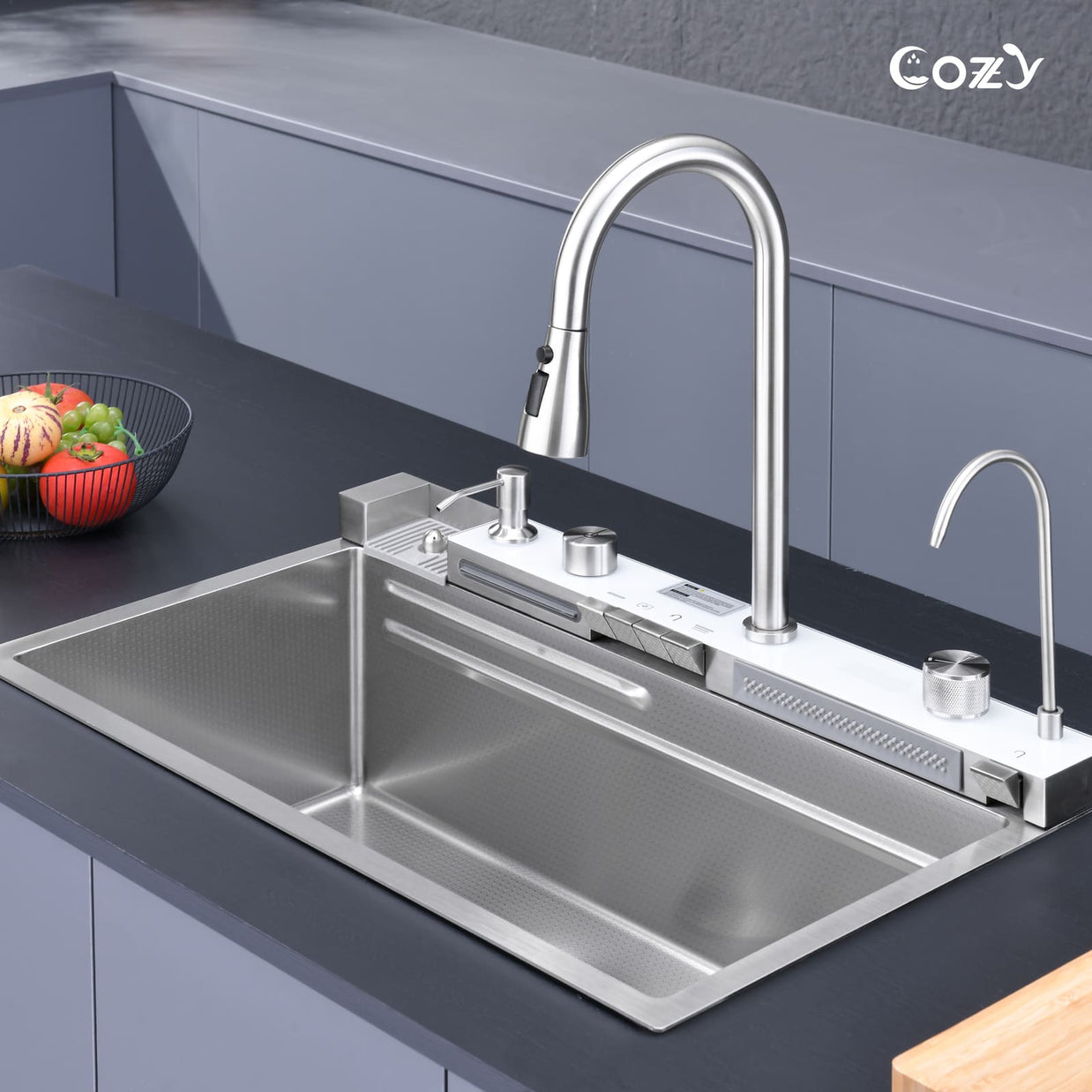 Front view of Cozy 30-inch brushed nickel drop-in workstation kitchen sink with digital faucet on dark countertop