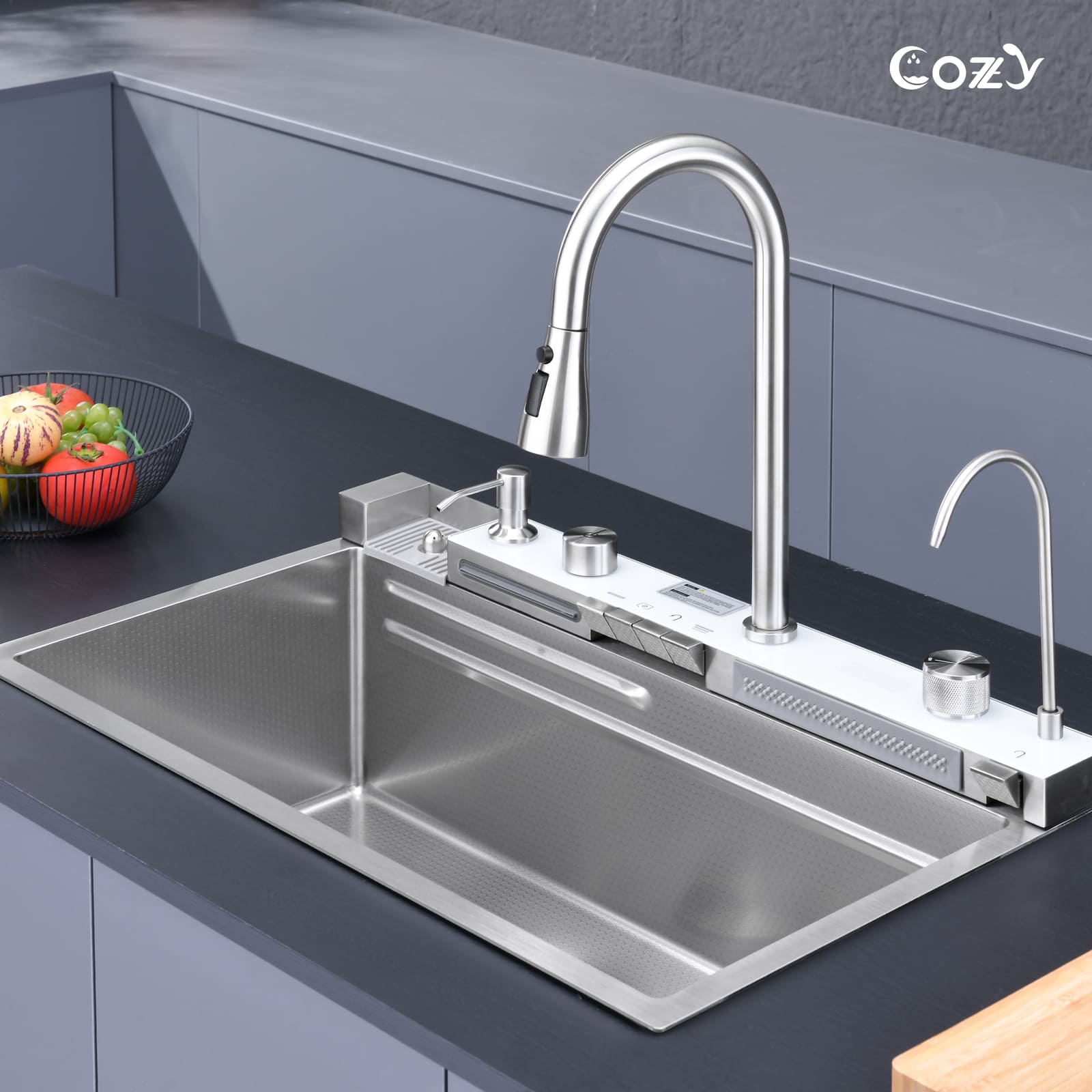 Front view of Cozy 30-inch brushed nickel drop-in workstation kitchen sink with digital faucet on dark countertop