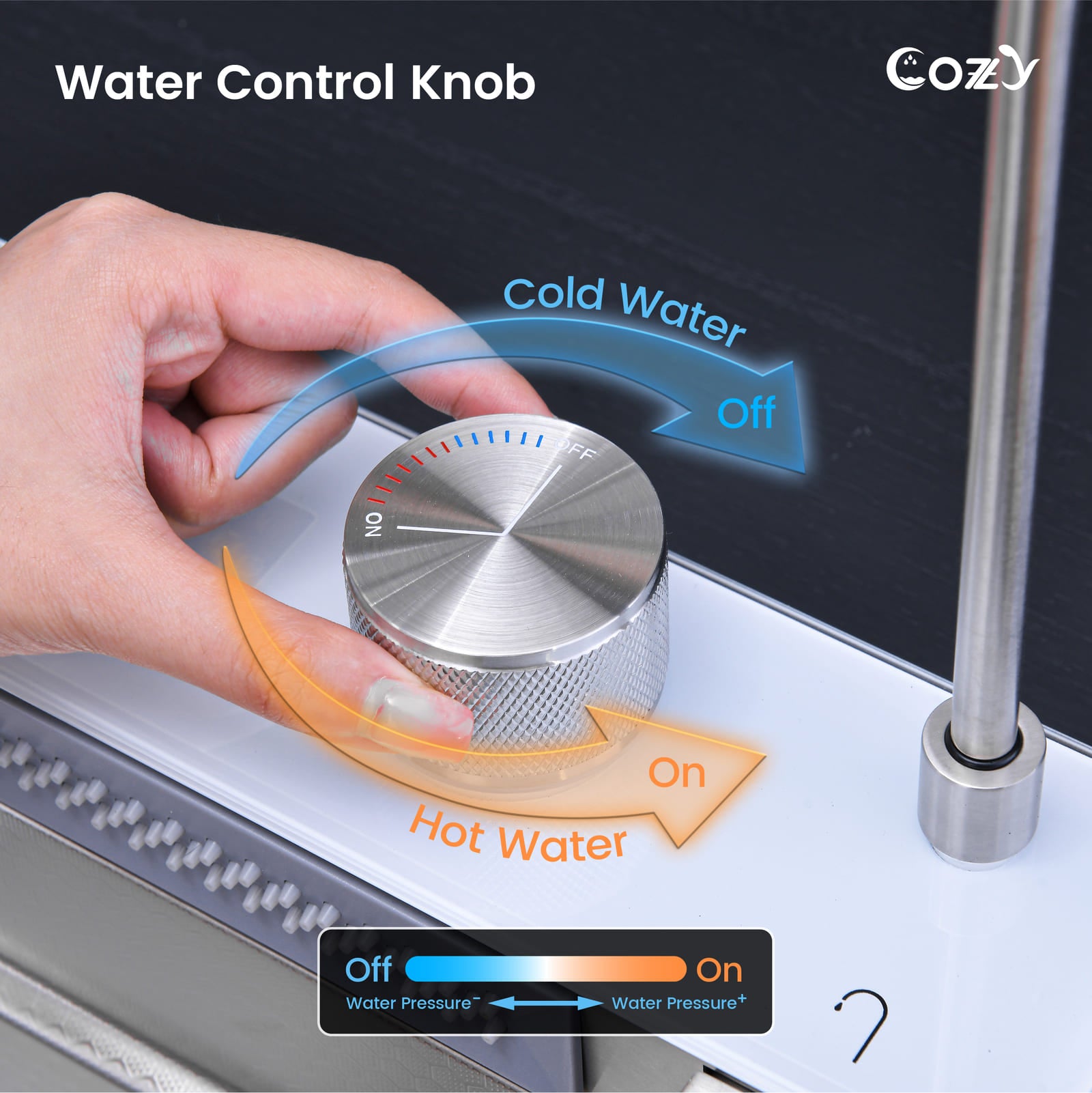 Close-up of the dual-knob water control and temperature system on Cozy 30-inch brushed nickel workstation kitchen sink