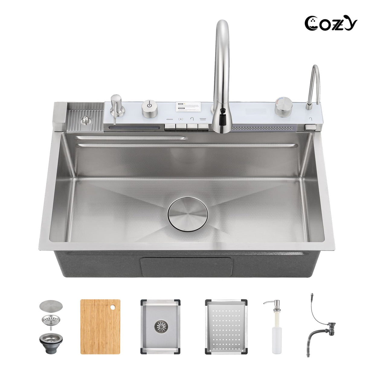 Cozy 30-inch brushed nickel drop-in workstation kitchen sink with digital faucet and full accessories