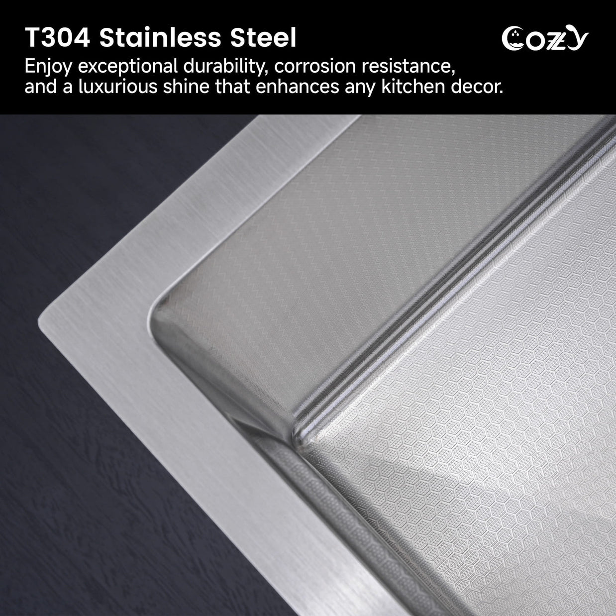 Close-up of the premium T304 stainless steel texture on Cozy 30-inch brushed nickel workstation kitchen sink
