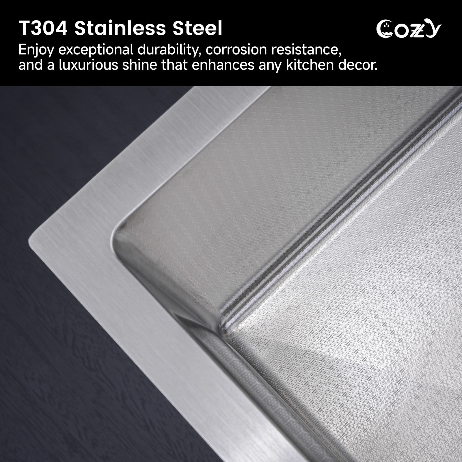 Close-up of the premium T304 stainless steel texture on Cozy 30-inch brushed nickel workstation kitchen sink