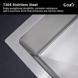 Close-up of the premium T304 stainless steel texture on Cozy 30-inch brushed nickel workstation kitchen sink