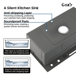 Cozy 30-inch brushed nickel drop-in workstation kitchen sink showing soundproof pads and anti-dripping layer
